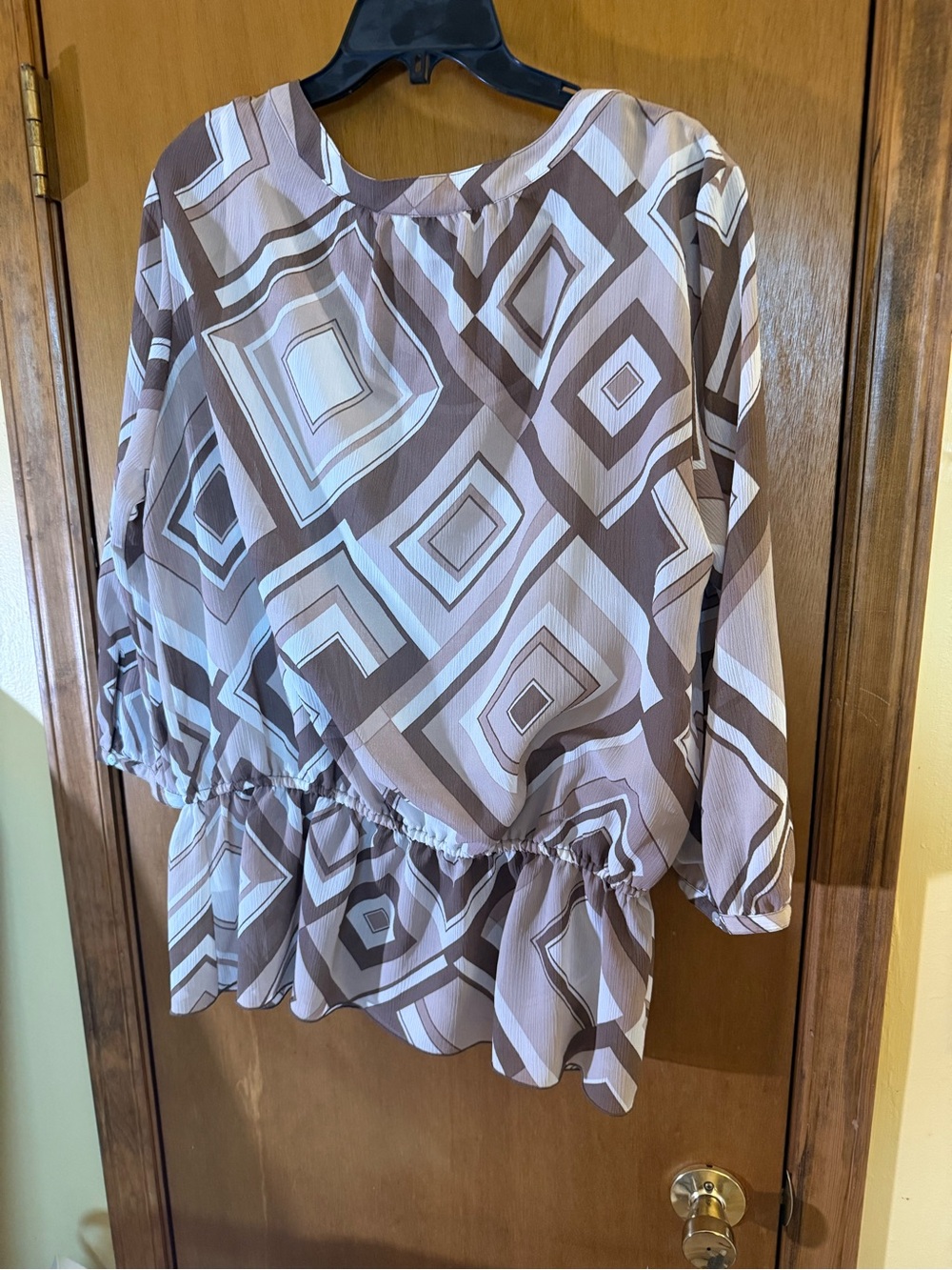 Alfred Dunner Brown & Cream Geometric Peplum Blouse - Picture 4 of 4